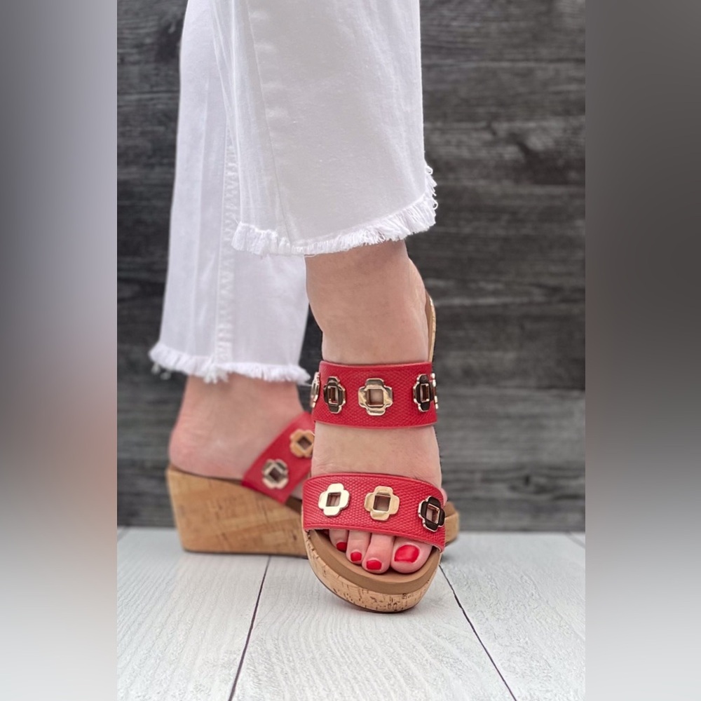 Corkys Footwear Hi Tide Wedge Sandal in Red with Gold Floral Rivets - Picture 3 of 7